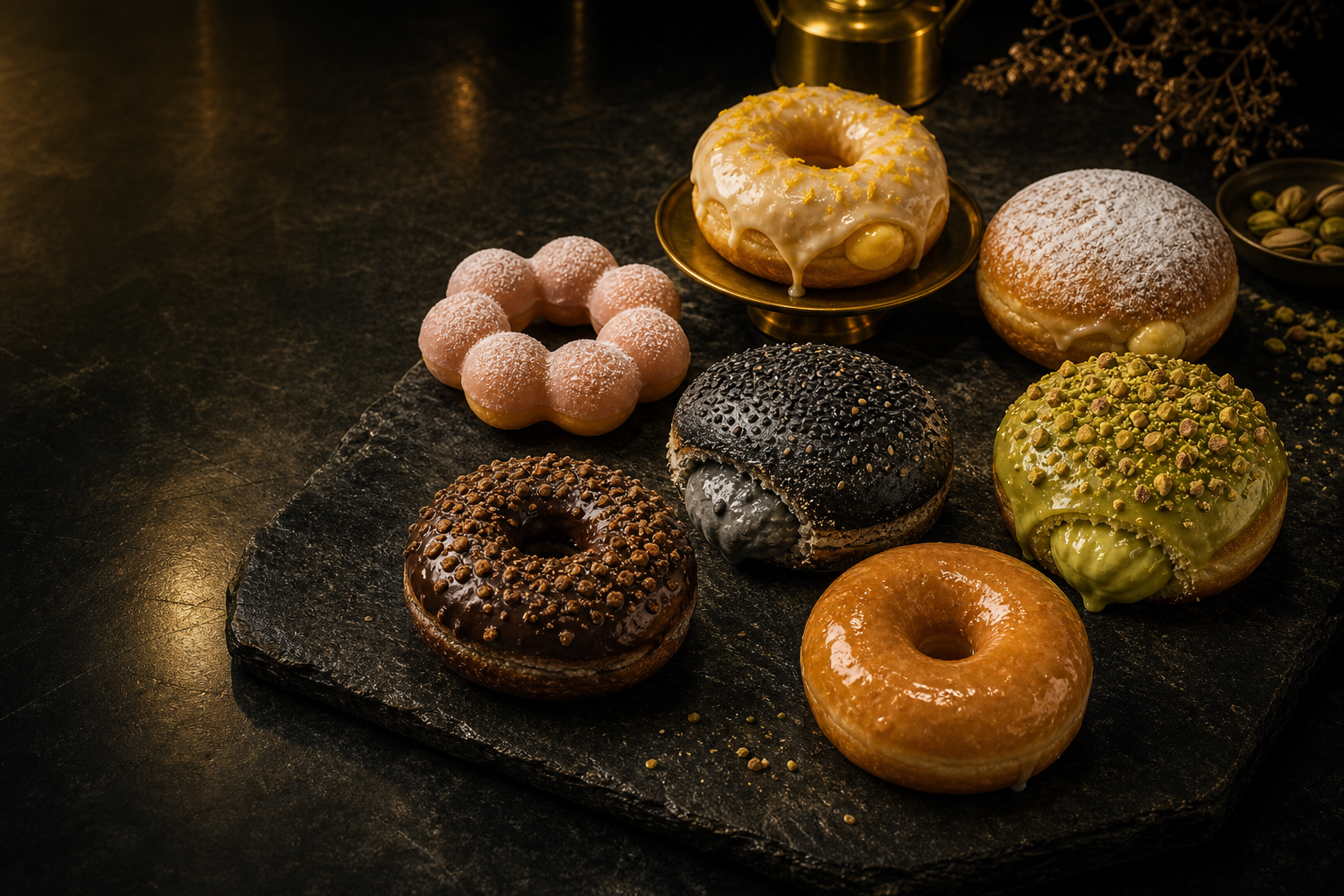 Cream-filled donut cut open with custard and powdered sugar