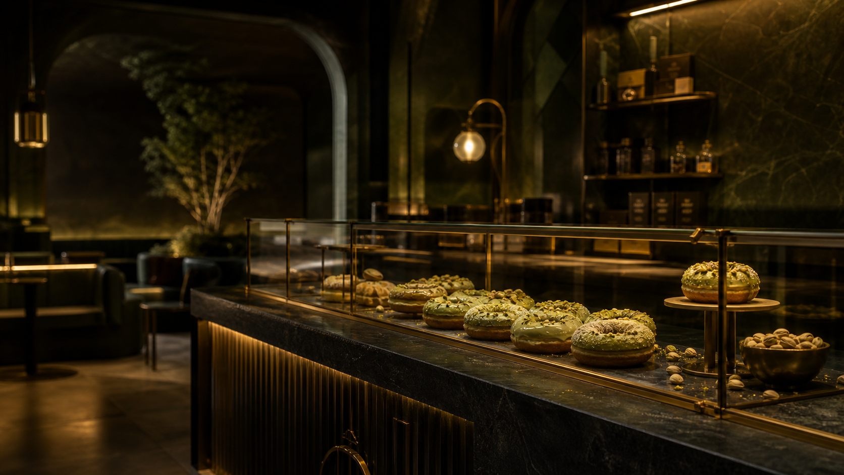 Assorted RINGHAUS signature donuts arranged on a dark display table